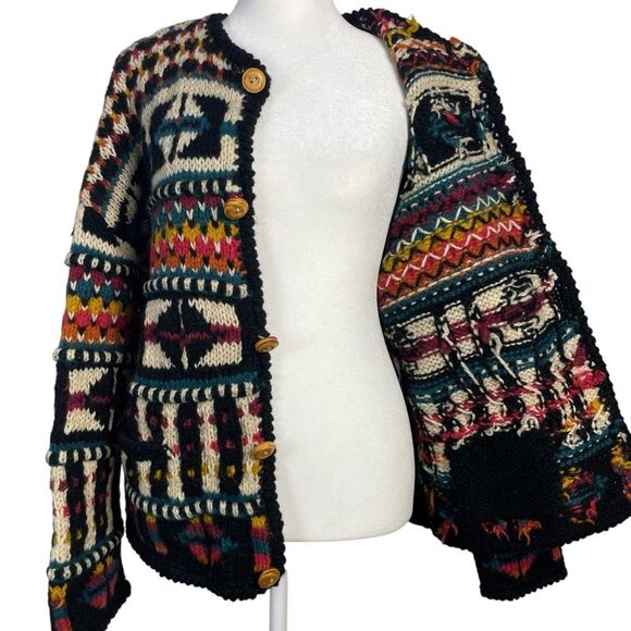 Express Vintage Tricot Chunky 3-D Hand Knit Wool Cardigan Sweater Size Small 90s - Picture 9 of 13